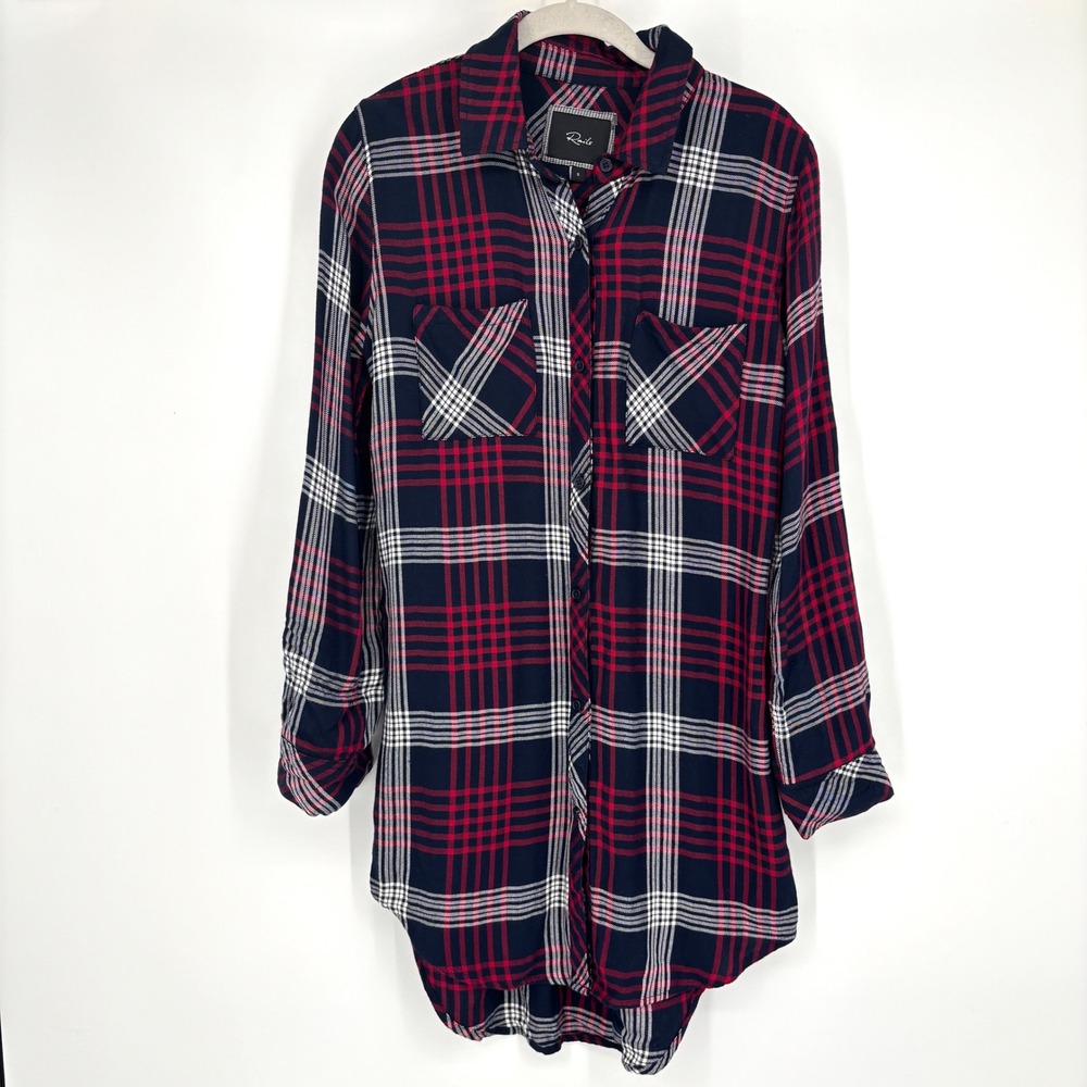 Rails Bianca Tunic Shirt Dress Plaid Rayon Long Sleeve Pocket Navy Blue Red S